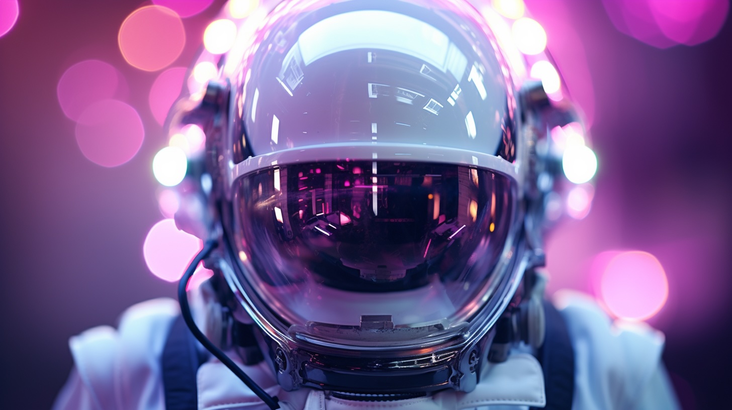Futuristic astronaut helmet visor with reflective purple and pink light bokeh representing innovation in respiratory protection technology
