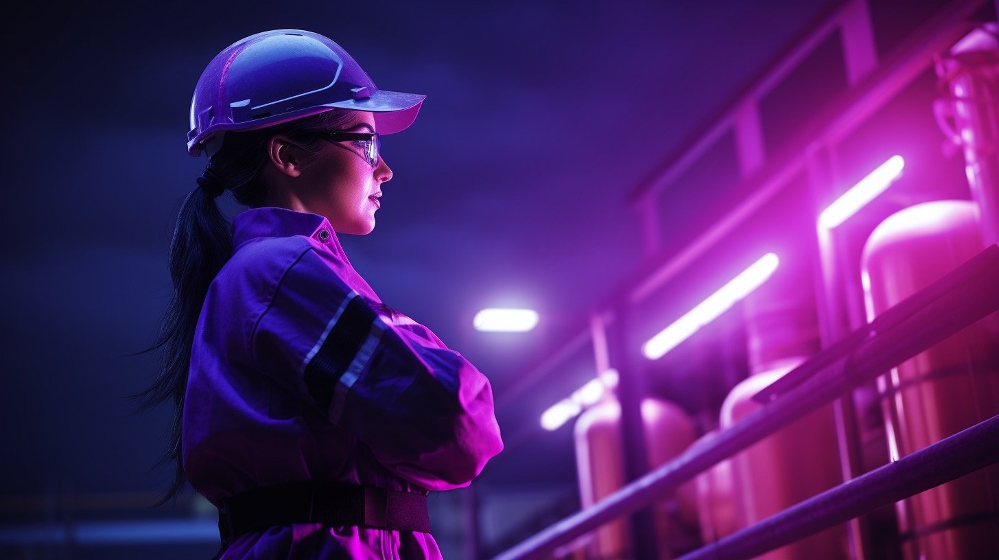 Woman wearing half-face air purifying respirator with protective eye safety equipment in industrial facility