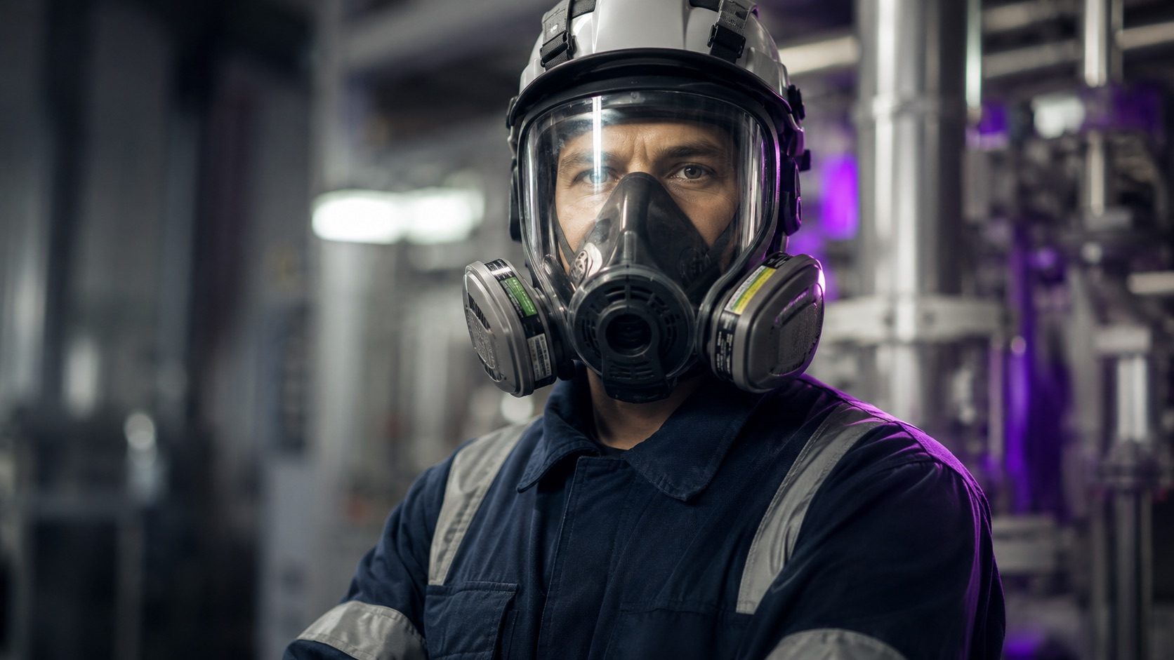 Chemical plant worker wearing full-face respirator with chemical cartridges for vapor and corrosive aerosol protection in a process facility