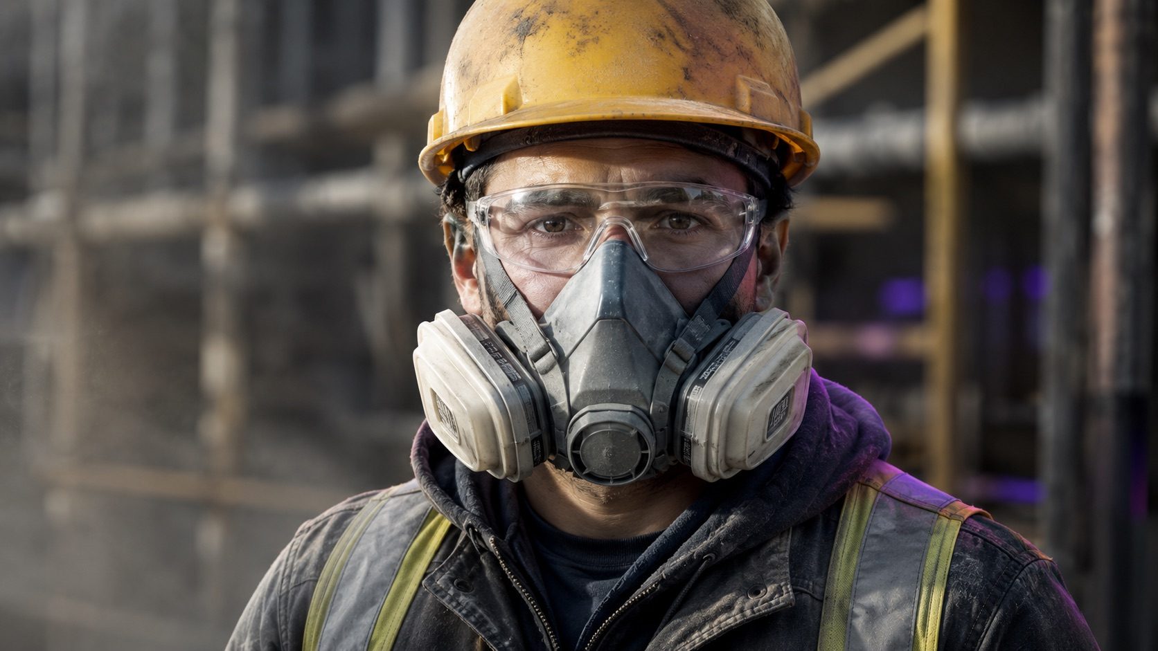 Construction worker wearing half-face air purifying respirator with hard hat and safety eyewear at a building site for silica and dust protection