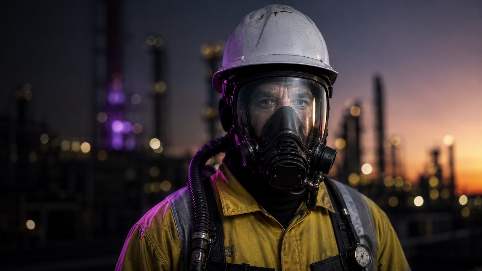Oil and gas refinery worker wearing supplied-air respirator and hard hat amid petrochemical processing equipment for hydrocarbon and H2S protection