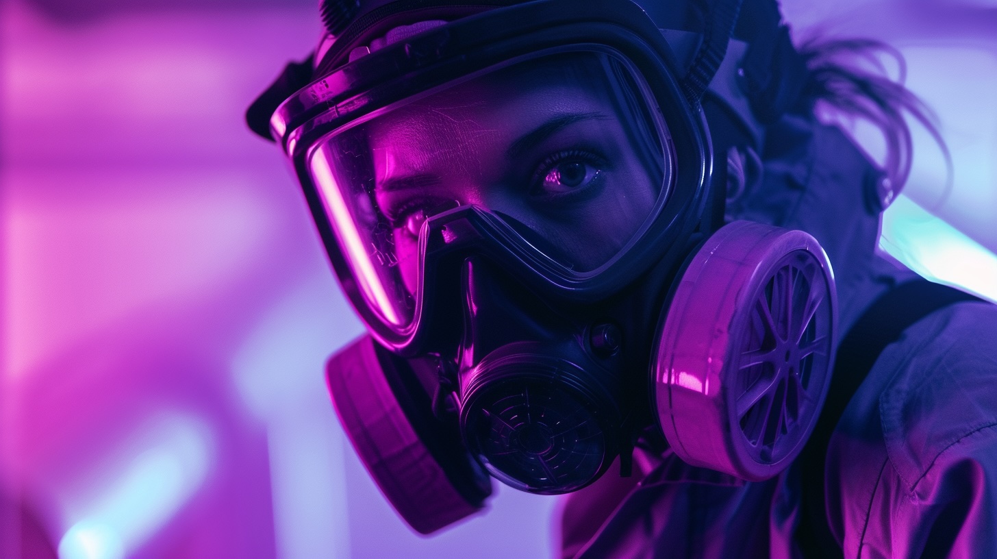 Woman wearing half-face air purifying respirator with protective eye safety equipment in industrial facility