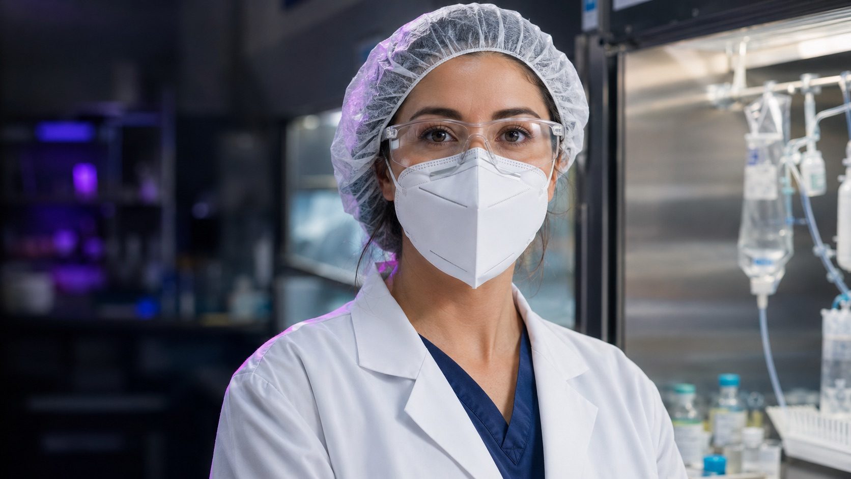 Female pharmacy professional wearing an N95 respirator and hair cover in a sterile compounding cleanroom for hazardous drug protection